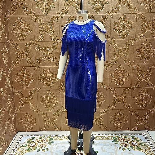 Image of Cololura Sexy Elegant Women Sequin Long Sleeve Tassel Bodycon Midi Dress Party Evening Gown Formal Dress