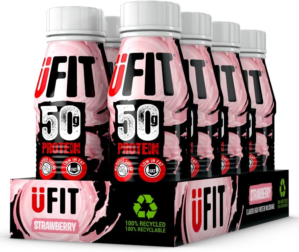UFIT High 50g Protein Shake, No Added Sugar, Low in Fat, Strawberry Flavour Ready to Drink, Pack