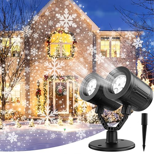 Christmas Snowflake Projector Lights Outdoor Double Head Snowflake Led Lights Waterproof Decorative Lighting Projection Lamp for Xmas Indoor Outdoor
