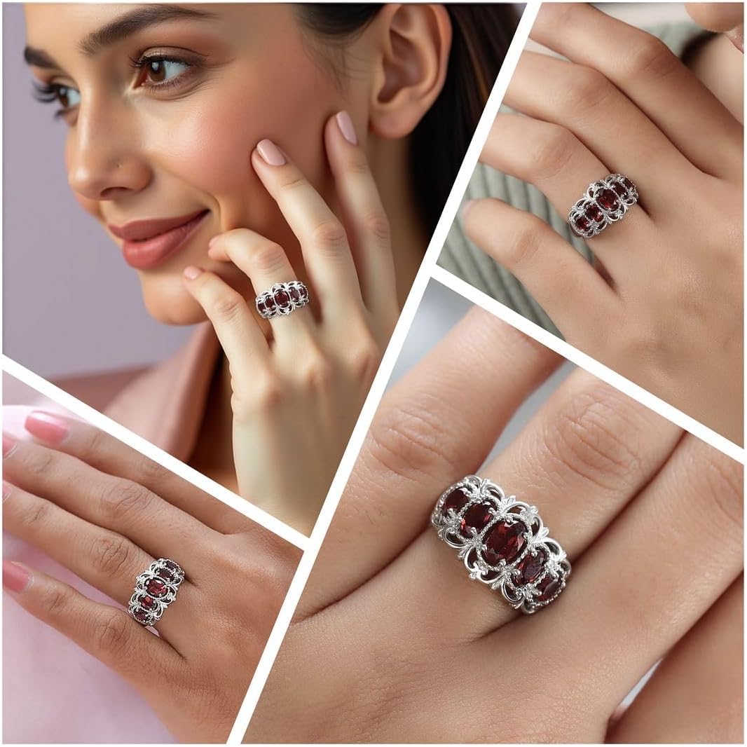 5 Stone Garnet Rings for Women in Platinum Plating - January Birthstone Promise Ring Engagement Rings for Women Vintage Fashion Gemstone Red Garnet Jewelry Valentines Day Gifts for Womens - Image 2