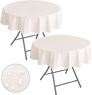 Nasitos 2 Pack Round Tablecloth 60 Inch-Beige 100% Waterproof Spillproof Wrinkle Free Plastic Disposable Vinyl Table Cloth for BBQ, Party, Fine Dining, Wedding, Communion, Baptism Decorations
