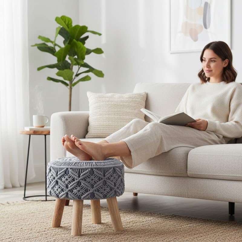 Image of Ottoman Foot Rest Puffy, Cotton Dori Ottoman for Home Decor, Solid Wood Legs Dressing Stool, Footstool Puffy for Living Room & Office Room | 16x17 Inch, Set of 2, Macrame White-Grey