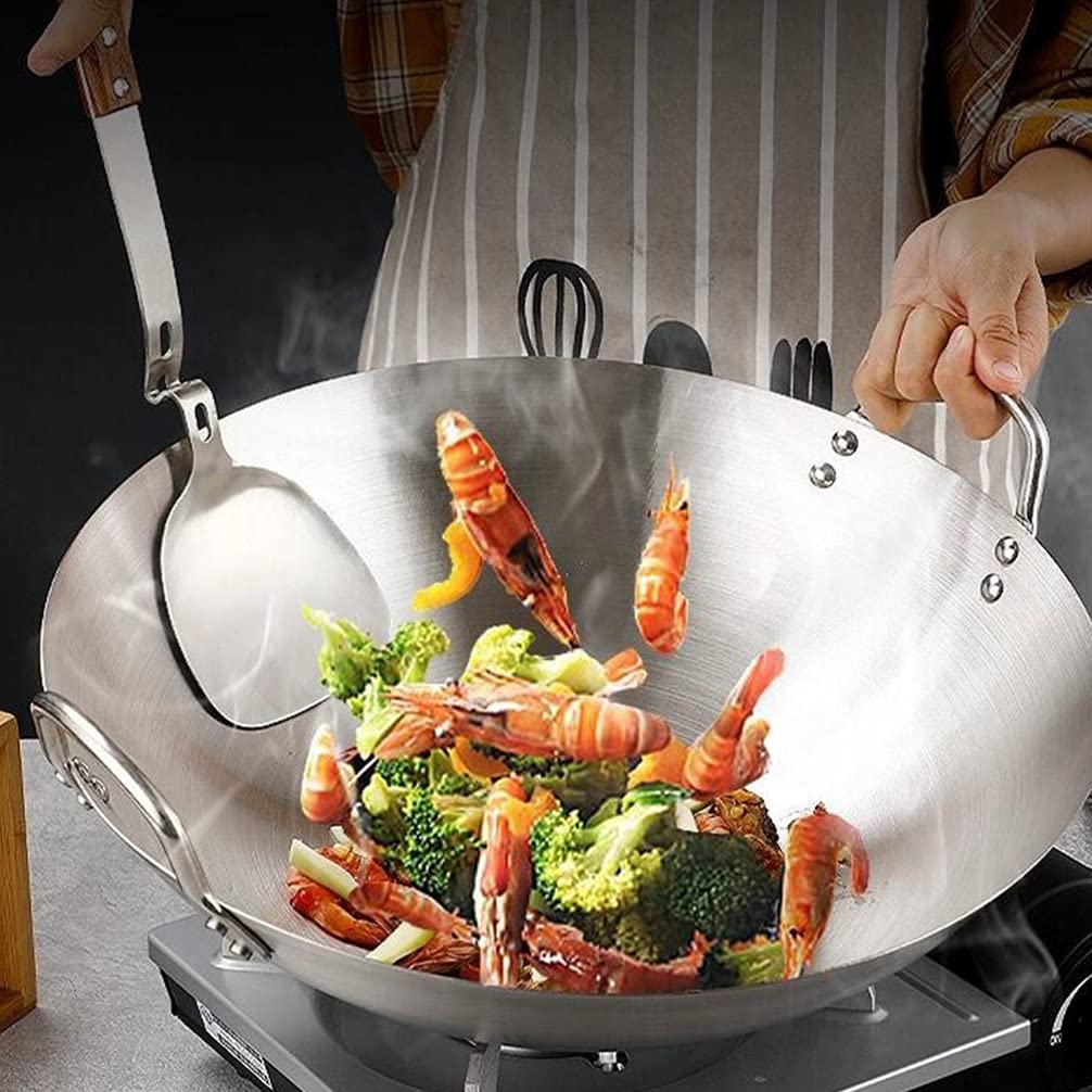 DOITOOL Grillpfanne mit Antihaftbeschichtung, Wokpfanne mit zwei Ohren, tiefe Edelstahl-Bratpfanne, Metall, japanische Rührpfanne, Peking Wok, Küchenhelfer, silberfarben, 32 cm Wokpfanne