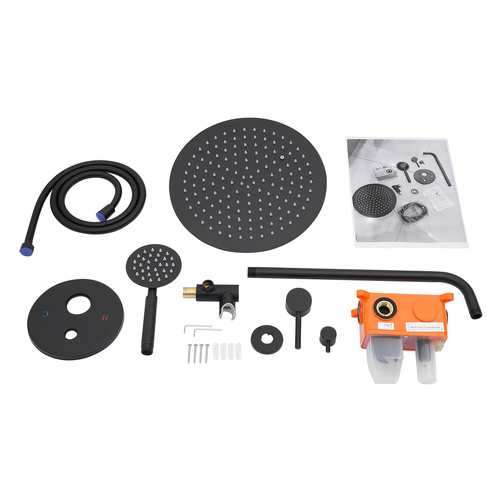 Sistema doccia, rubinetto doccia, doccia a pioggia, 30 cm, nero, montaggio | Doccia a pioggia da 30 cm, braccio doccia da 40 cm, doccetta, tubo, montaggio a parete, ottone/acciaio inox, nero