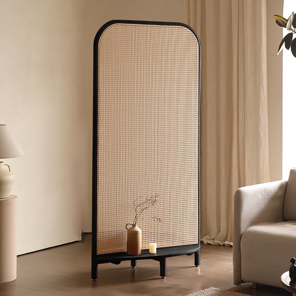 Single Panel Solid Wood Room Divider, Removable Rattan Indoor Screen, Multifunctional Base with Storage, Bedroom Decoration, Freestanding Wall Divider,E