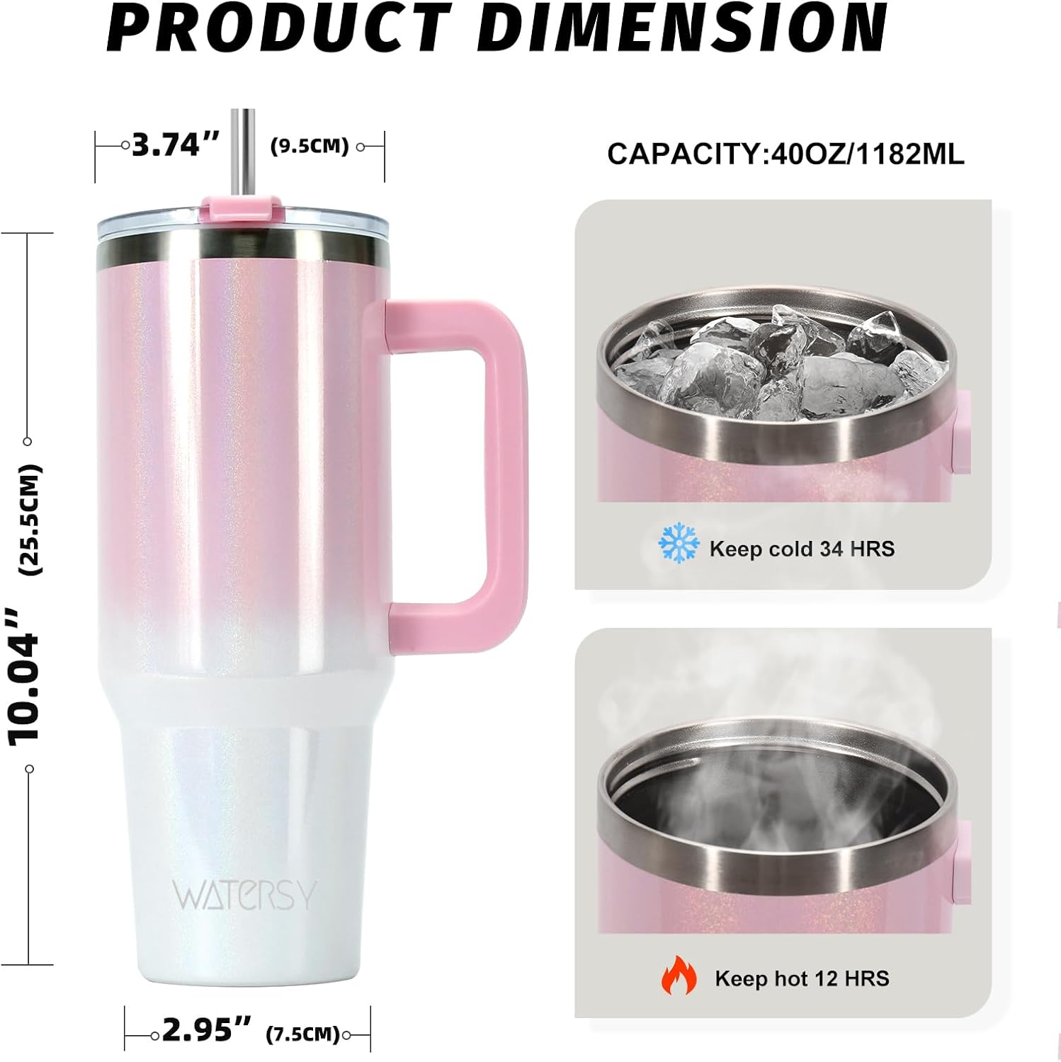 40 oz Shiny Tumbler with Handle and Straw,Stainless Steel Tumbler with Lid and Straw,Insulated Travel Mug(Cold for 34 Hours),Water Bottle for Iced Tea,Coffee (Pink) - Image 3