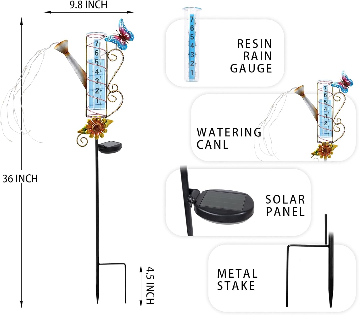 MUMTOP Rain Gauge Outdoor Solar Powered, 36 Inch Large Number Watering Can Water Gauge for Lawn, Yard and Garden