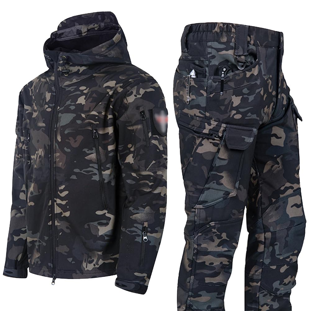 Hombre Traje de uniforme militar de camuflaje impermeable – Conjunto de chaqueta y pantalón táctico, suaves para combate，trabajo, pesca, caza y escalada