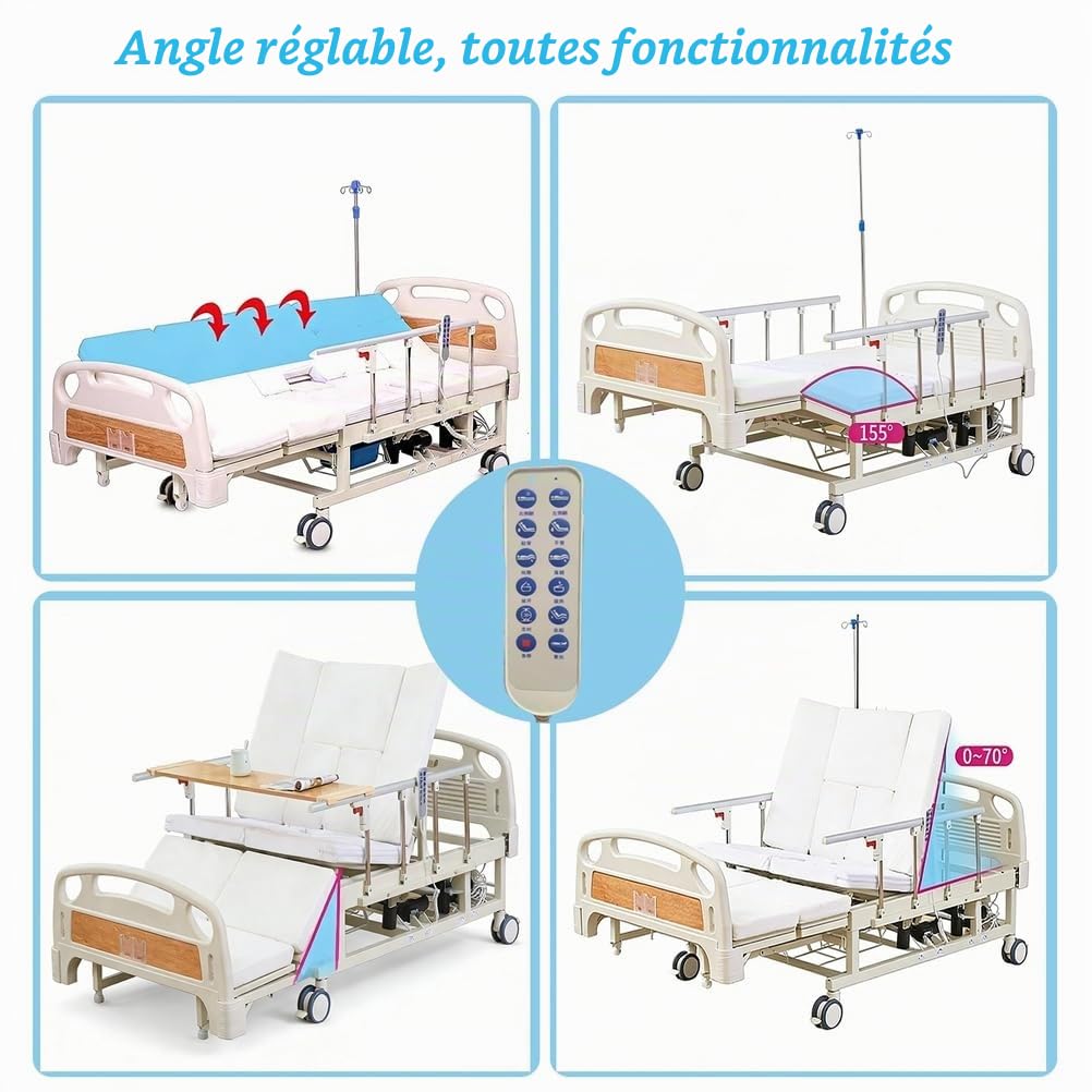 Lit médicalisé électrique 10 Fonctions, inclinable latéralement, pour Usage Domestique, avec Toilettes intégrées, barrières de sécurité complètes, Matelas, roulettes de 5 inch