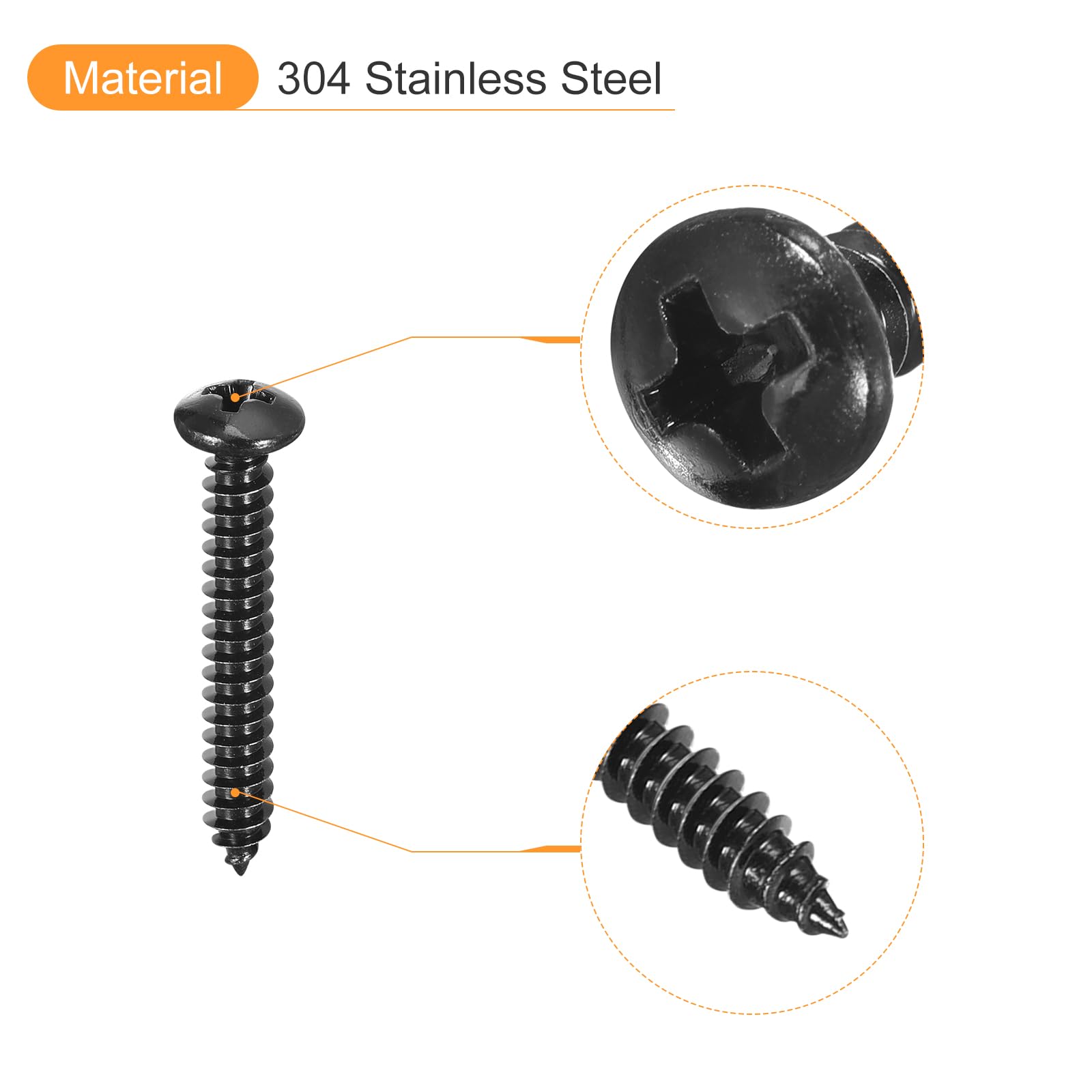 QUARKZMAN 50Pcs 5x35mm Tornillo Autorroscante de Cabeza Alomada Redonda Phillips, Tornillos Autoperforantes de Acero Inoxidable 304, Tornillo para Madera con Rosca Completa, Negro
