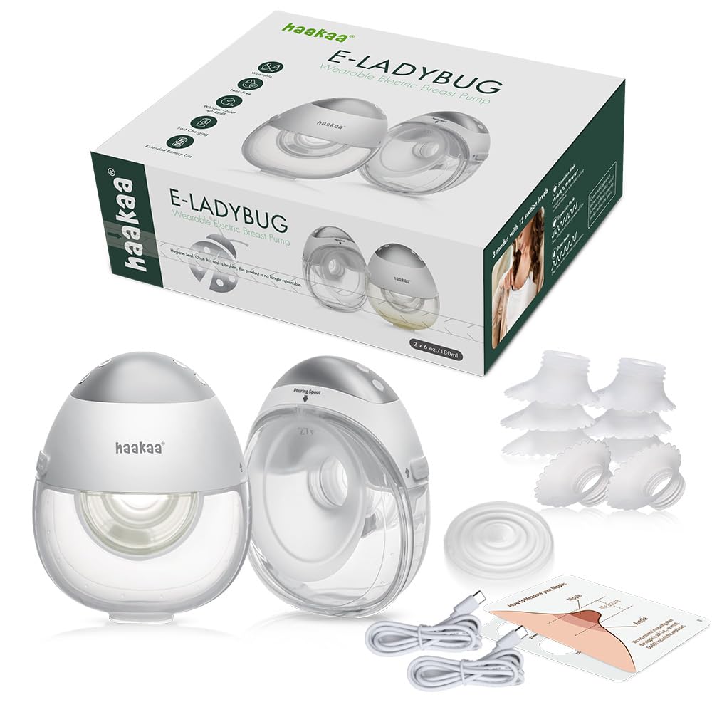 Haakaa E-Ladybug Wearable Electric Breast Pump – Ultra-Slim, Light Weight & Quiet, Hands-Free Pump, 3 Modes & 12 Suction Levels, Micro-Vibration Technology, Leakproof 180ml Cup, Fit in Bra, 2-Pack