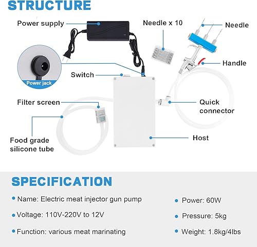 Miniatura 2 de Bomba eléctrica de inyección de carne con manguera, inyector eléctrico de marinada de acero inoxidable, jeringa de carne de 50 W, pistola individual