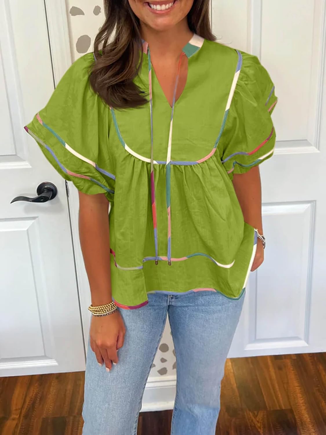 Cicy Bell Women Summer Babydoll Tops V Neck Short Sleeve Flowy Shirt Blouse image 5