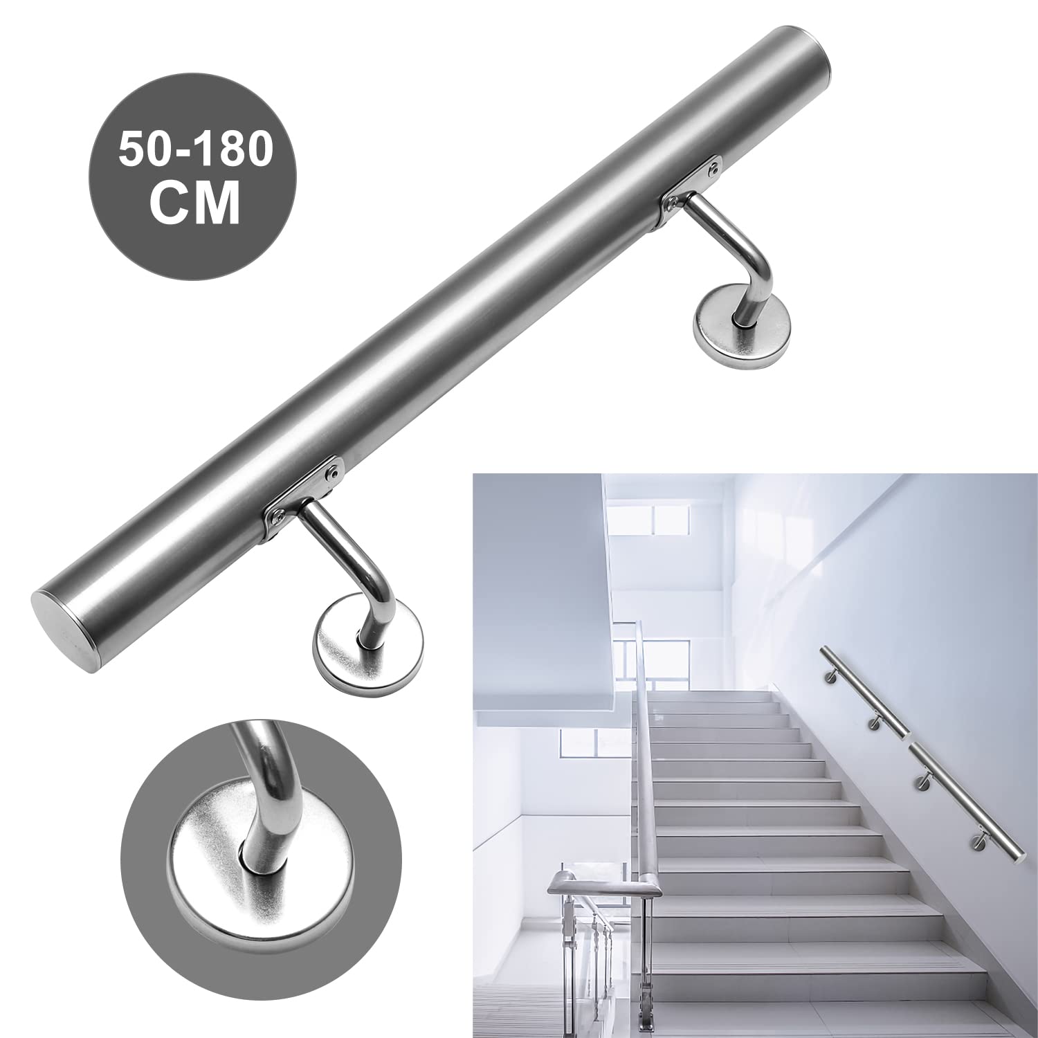 Lospitch Pasamanos de acero inoxidable, pasamanos de pared, para interior y exterior, incluye soporte de pared y tapas finales, 50 cm