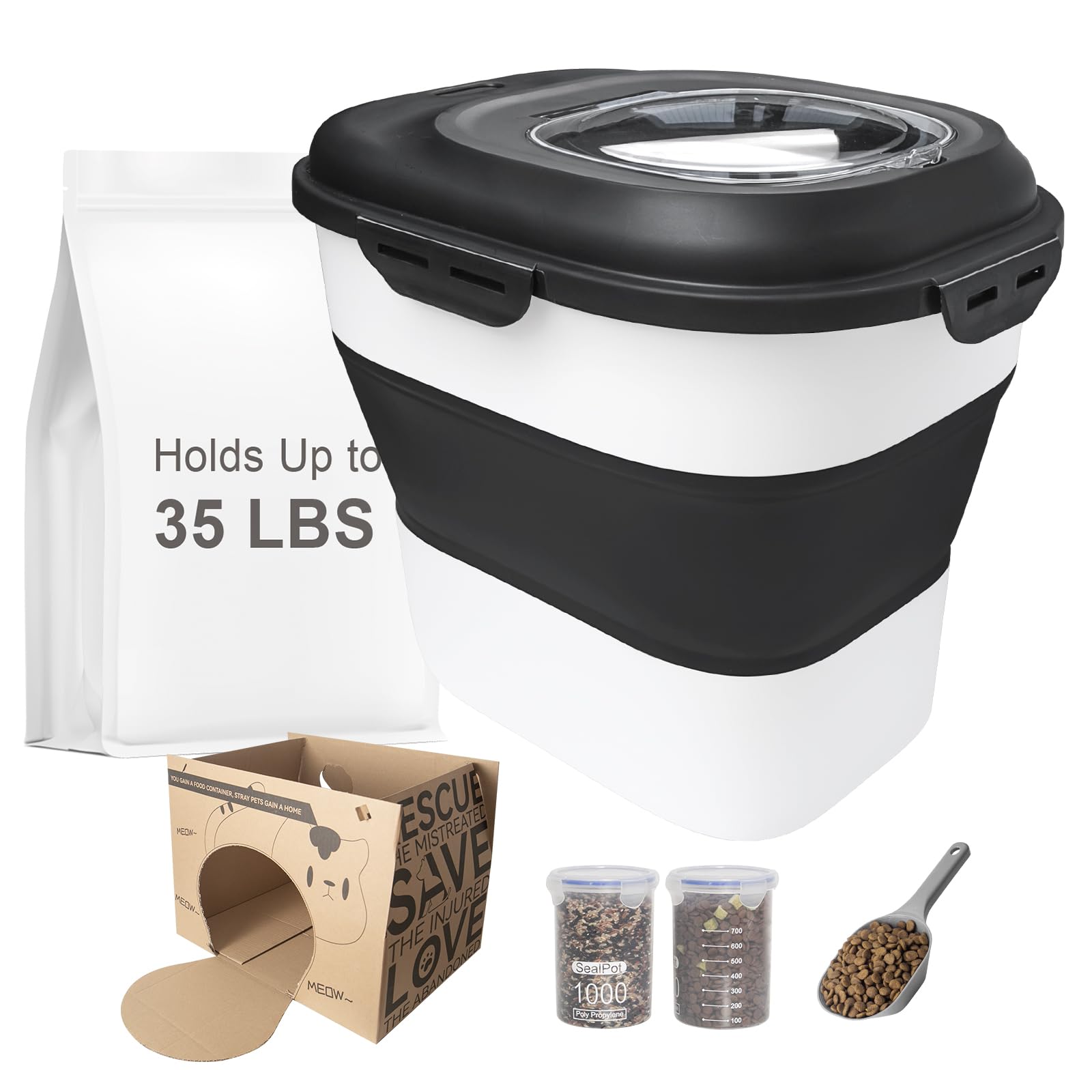 35LBS Collapsible Dog Food Storage Container, Pet Dog Pantry Large Containers Bin with Wheels,Scoop & 2pcs Food Storage Containers, Kitchen Cereal Flour Rice Leakproof Dry Holder-Black