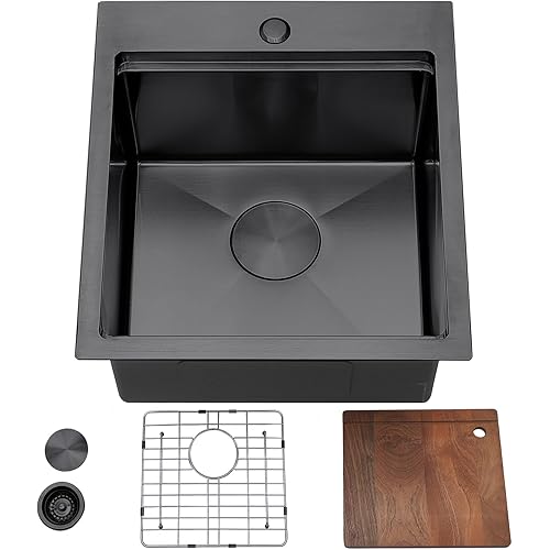 17x19 inch Black Bar Sink Drop in,Single Bowl Topmount Stainless Steel Workstation Small Kitchen Sink for Wet Bar Prep RV Yard Office with Dish Grid & Drain & Cutting Board