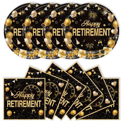 40Pcs Retirement Paper Plates and Napkins Party Supplies Disposable Happy Retirement Decorations Party Plates Napkins Black Gold Tableware Set for Men Women