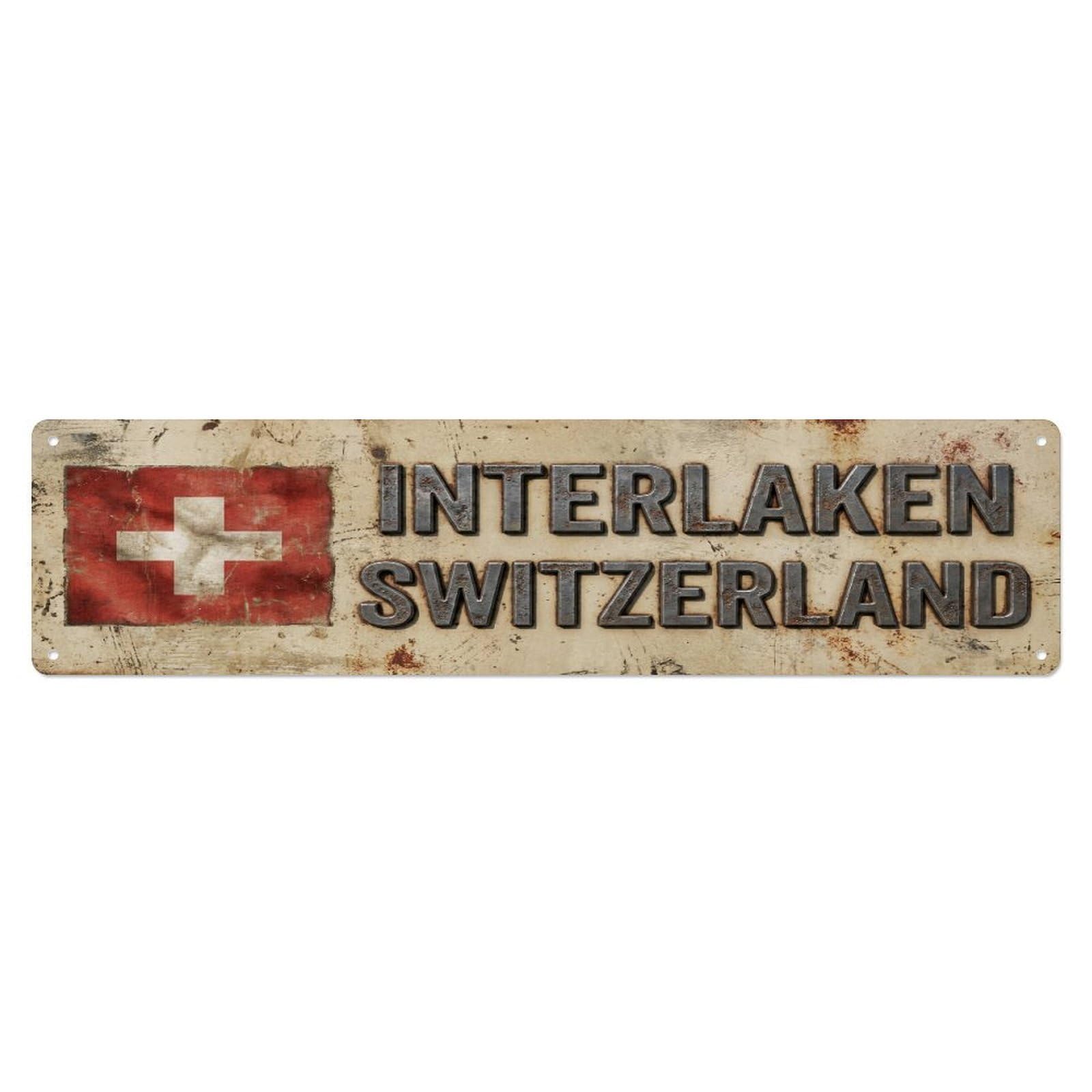 Metal Tin Sign Vintage Interlaken Switzerland Flag Decor Rustic Travel