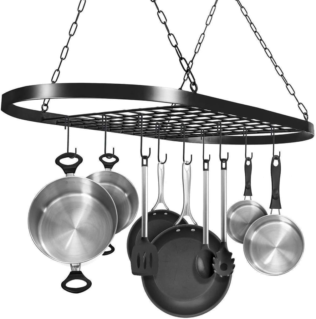 Compact Black Ceiling Rack With Adjustable Hooks For Kitchen Storage