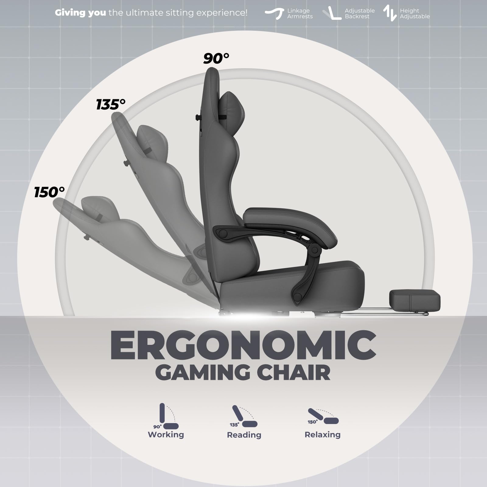 GTPLAYER Silla para Juegos, Silla de Oficina Transpirable, Silla ergonómica de PC, Tela, Respaldo Ajustable 160° y reposapiés Extensible, ergonómica, Cuero sintético, Carga 180 kg, Gris