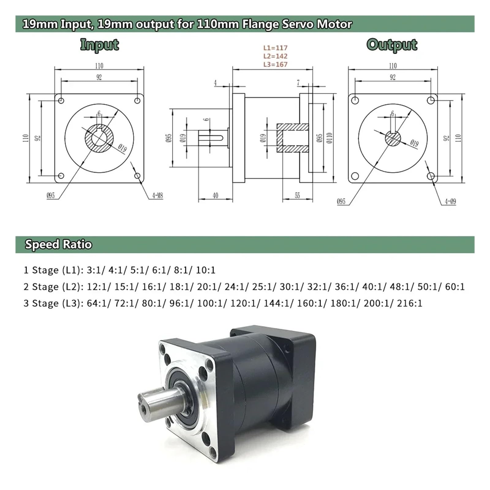 Planetengetriebe Nema42 110 mm Übersetzungsverhältnis 3~216:1 70 Nm 3000 U/min 19 Eingang 22 Ausgang Geschwindigkeit Untersetzungsgetriebe(19In-19Out-Servo,Ratio 20 to 1)