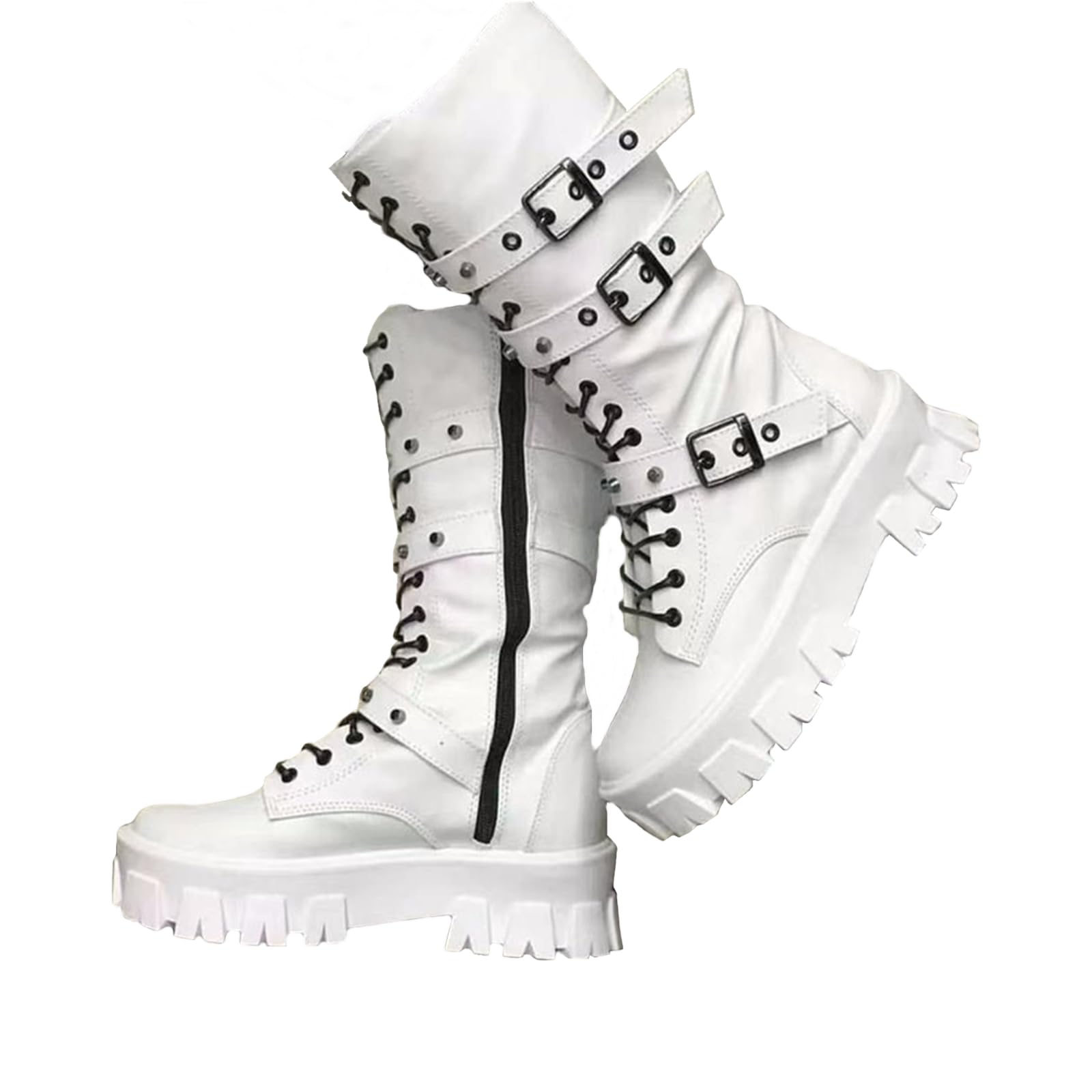 ZKXYFFS Women's Goth Ankle Booties Chunky High Heel Mid Calf Boots Side Zip Combat Lace Up Punk Rivet Motorcycle Platform Boots