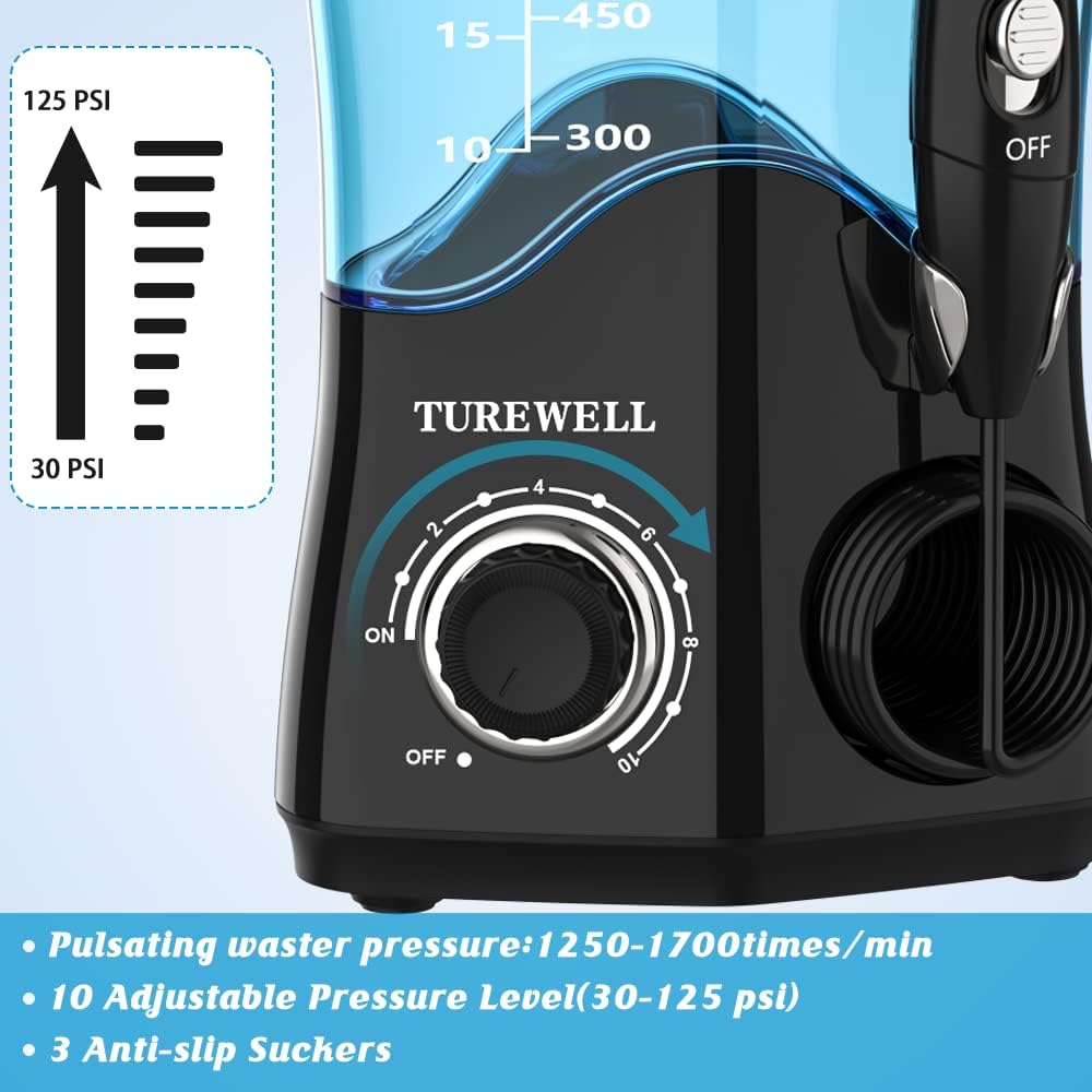 TUREWELL Irrigador dental de agua para dientes/aparatos ortopédicos, limpiador de dientes de agua, 8 puntas de chorro y 10 niveles de presión, tanque de agua grande de 600 ml para la familia (negro)