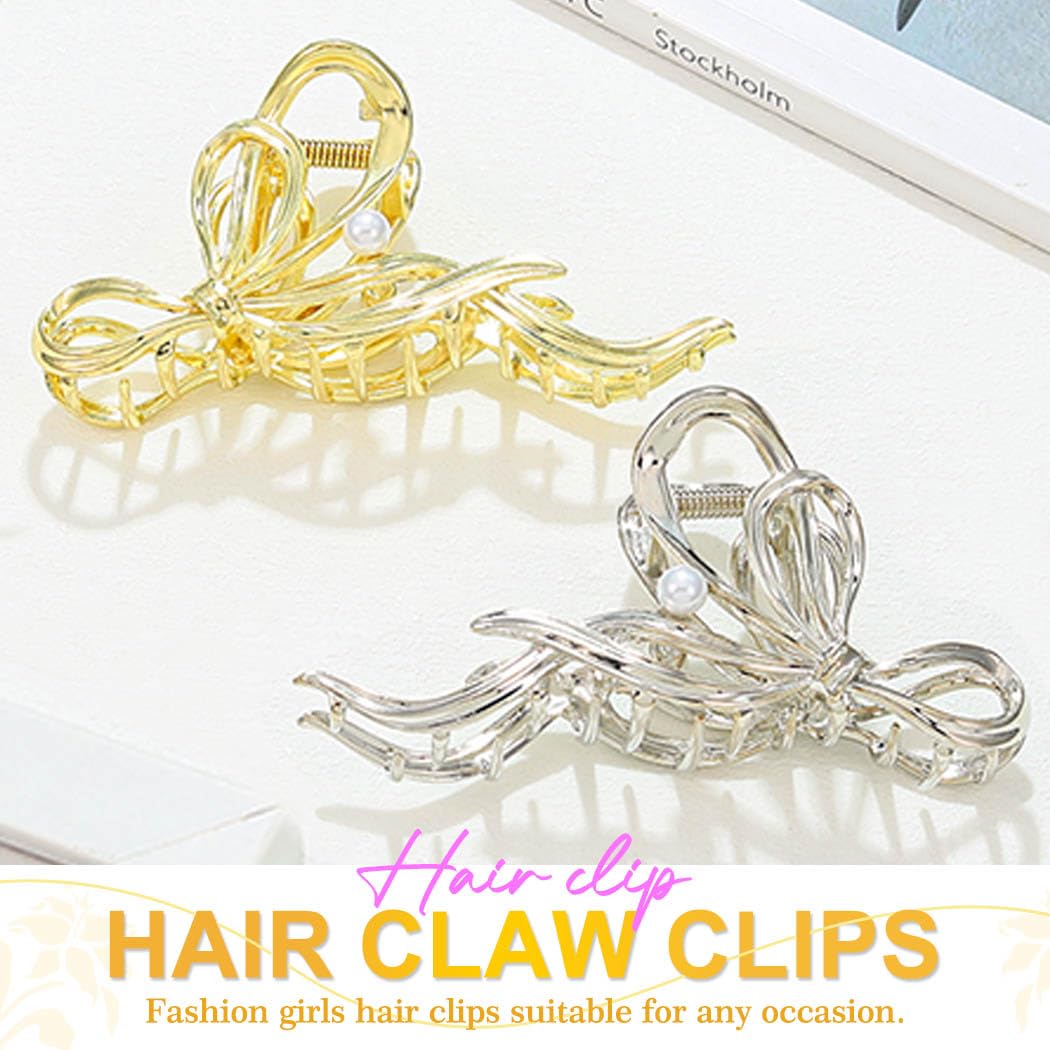 Reaky Metal Hair Claw Clips Gold Bow Hair Claws 2 Pcs Large Bowknot Claw Clips Pearls Hair Accessories for Women - Image 2