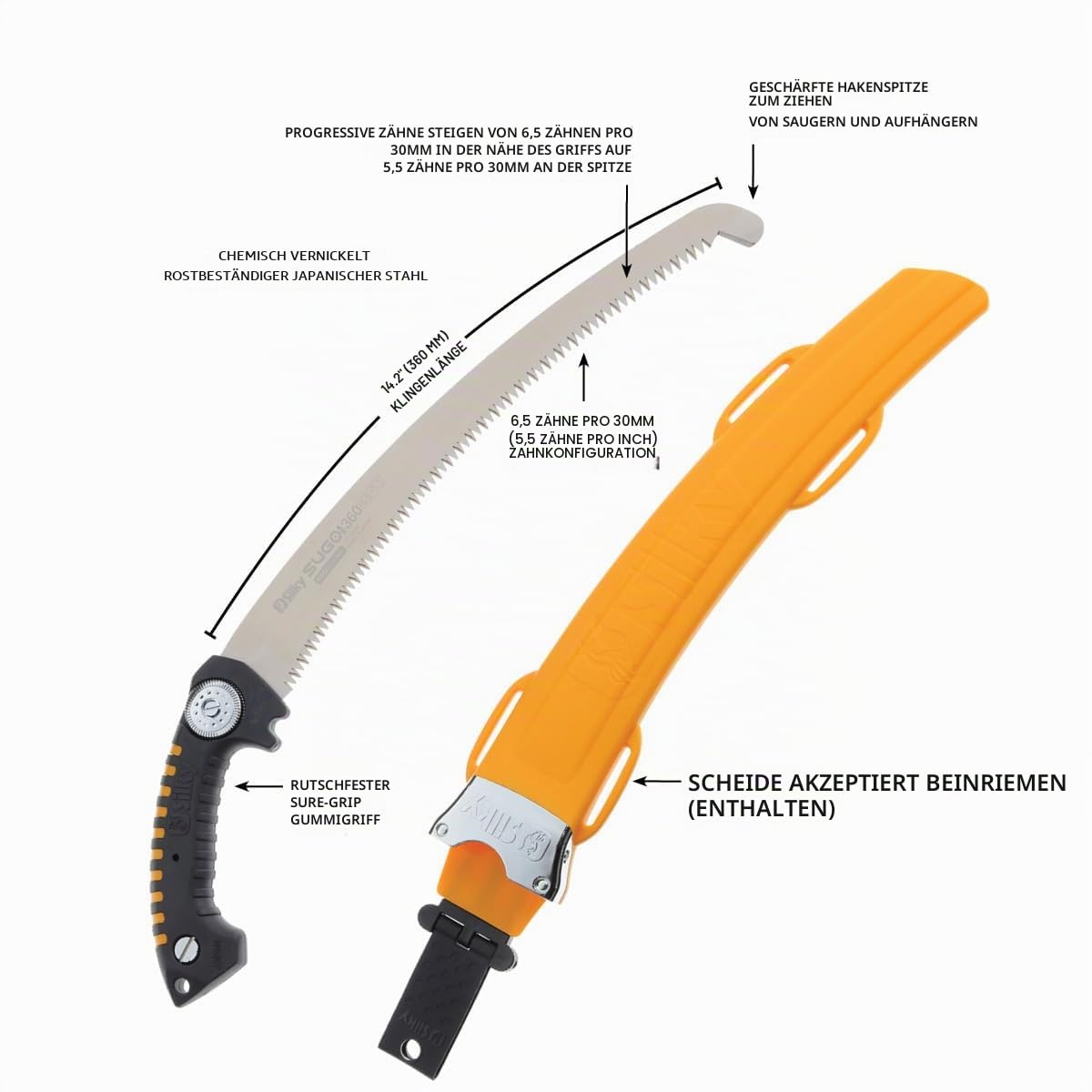SILKY Baumsäge Sugoi 360 mm | gebogene Zugsäge 6,5 Zähne/30 mm Mirai-Me grob | nachschärfbar | Sichel am Blattende | ergonomischer Gummigriff mit Sicherungshaken | Profi Baumpflege