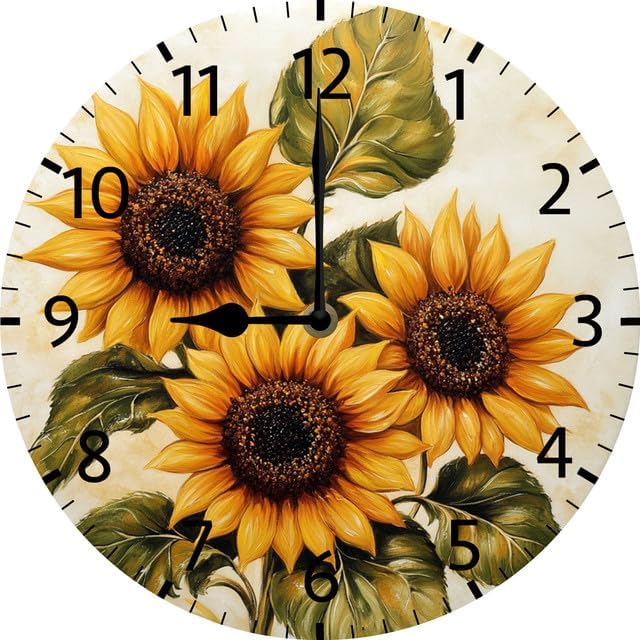 Reloj de pared de girasol, reloj de pared de madera de granja, funciona con pilas, reloj de pared analógico de 10 pulgadas, reloj de pared
