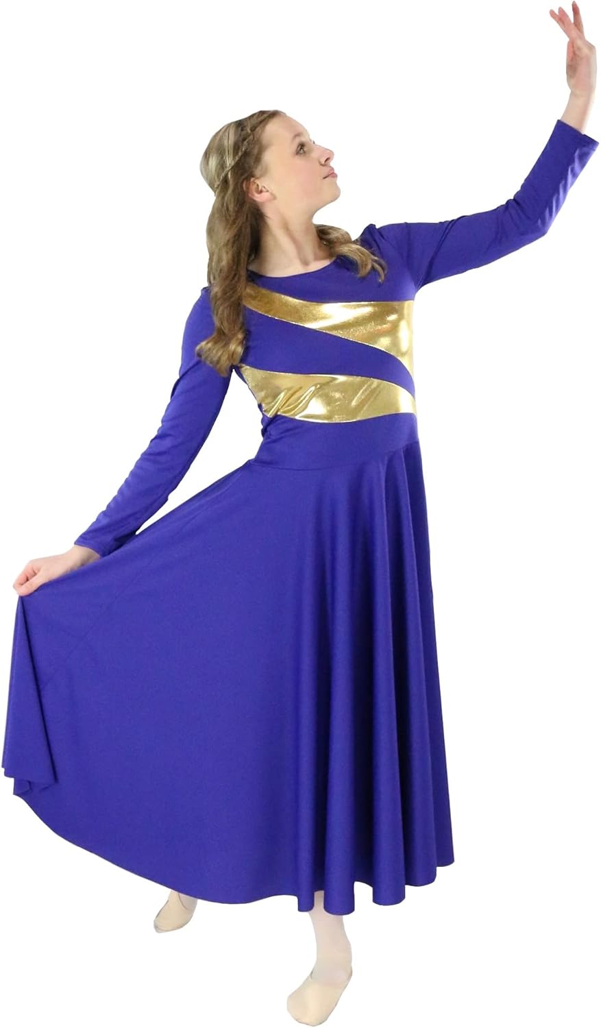 Danzcue Girls Metallic Worship Dance Dress, Metallic Bicolor Full Length Praise Dance Dress - Image 3
