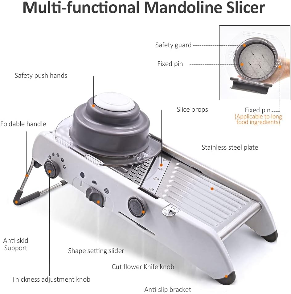 18-Type Adjustable Mandoline Slicer, Stainless Steel Manual Cutter, Vegetable Grater, Julienne Slicer, Fruit Waffle Kitchen Potato Cutter, White