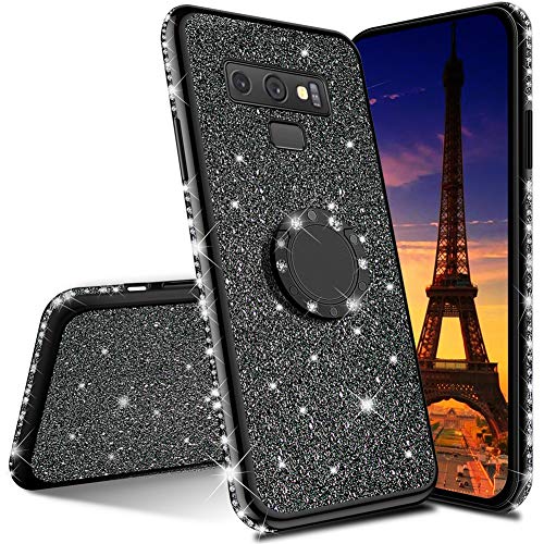 MEIKONST Case for Galaxy Note 9, Stylish Bling Sparkly Diamond Luxury Plating Silicon TPU Soft Case with Ring Stand Holder Ultra Thin Protection Cover for Samsung Galaxy Note 9,KDL Black