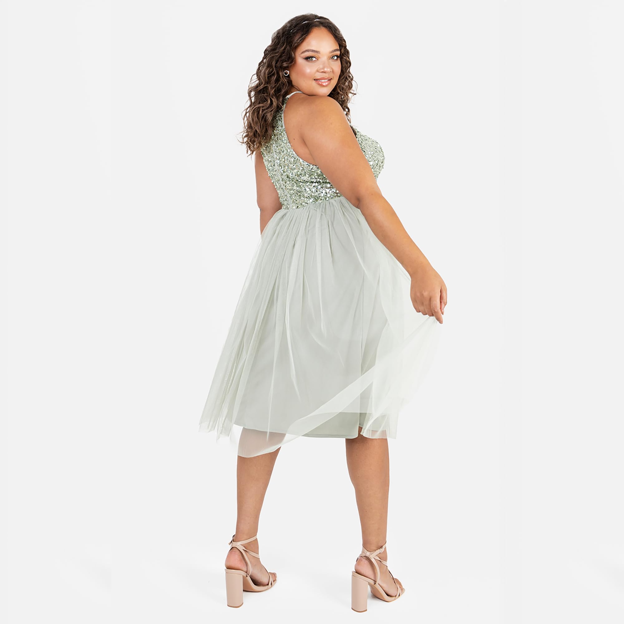 Maya Deluxe Midi para Mujer con Cuello Halter de Tul para Noche, Graduación, Boda, Damas de Honor, Vestido de Baile Dama