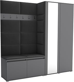 Brent - Flurgarderobe Luton 4, Garderobe Set: Schuhbank mit Sitzfläche, Garderobenpaneel, Garderobe mit Spiegel, Flur Möbel, Grau + Polsterpaneele in Schwarz