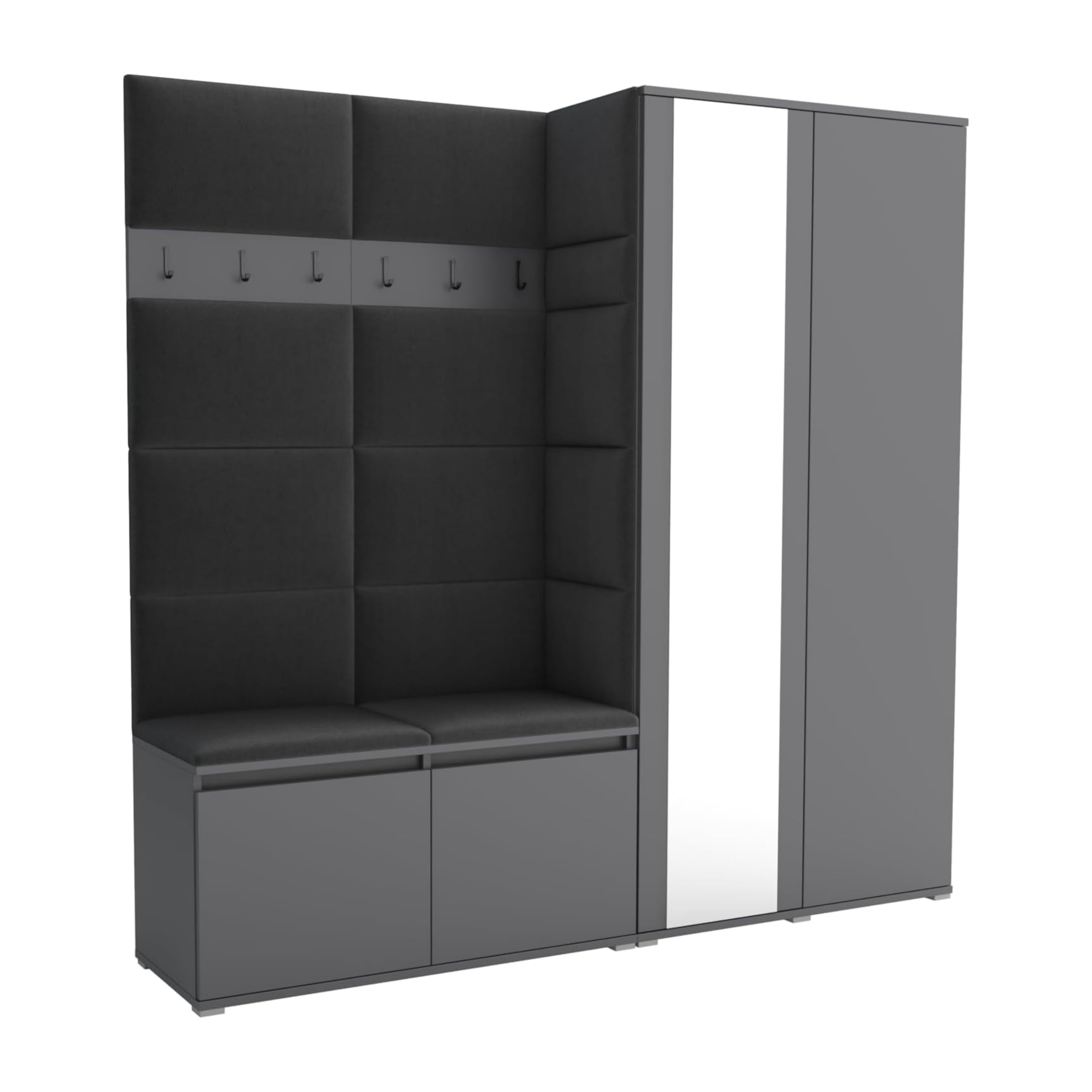 Brent Flurgarderobe Luton 4 Set: Schuhbank mit Sitzfläche, Garderobenpaneel, Garderobe mit Spiegel, Grau + Schwarz