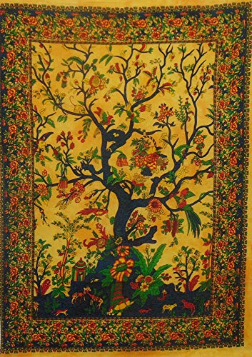 Tapiz de algodón indio con estampado de mandala amarillo, formato póster de 40 x 30 pulgadas