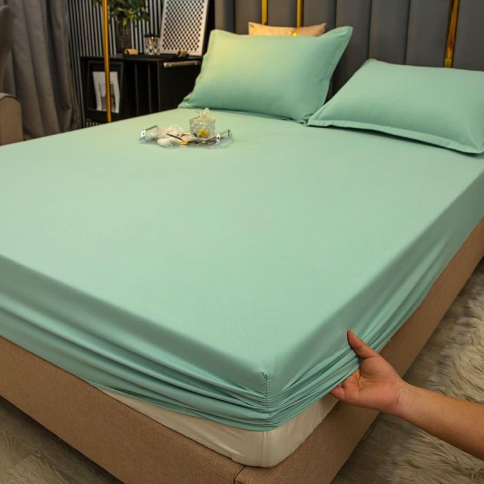 Gualiy Fitted Sheet with 2 Pillow Cases Emperor, Solid Color Bottom Sheet Bamboo Fiber Non Slip Fitted Sheets 200x220cm (Green)