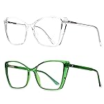 JFXQDR 2 Pack Blue Light Blocking Glasses for Women, Oversized Trendy Cat Eye Computer Gaming Glasses Anti Glare & UV Glare RF6204 (Clear + Basil Green Cateye Frame)