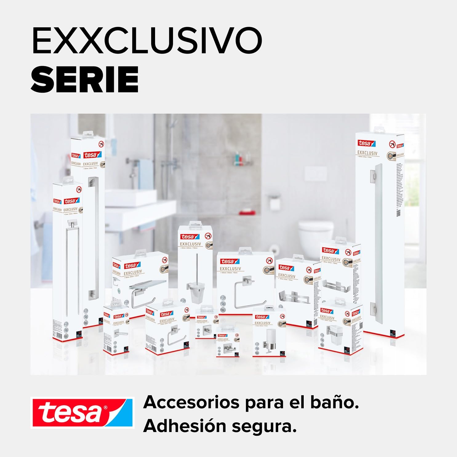 tesa EXXCLUSIV - Soporte para Escobilla de Baño - Montaje sin Taladrar - Alta Fuerza de Fijación con Tecnología Power.Kit - 445 x 95 x 137 mm - Acero Inoxidable