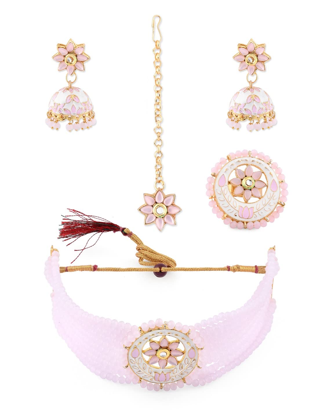 ZAVERI PEARLS Pink Multistrand Choker Necklace Earring Maangtikka & Ring Set For Women-ZPFK11474 (B09MKLD7DB) Amazon Price History, Amazon Price Tracker