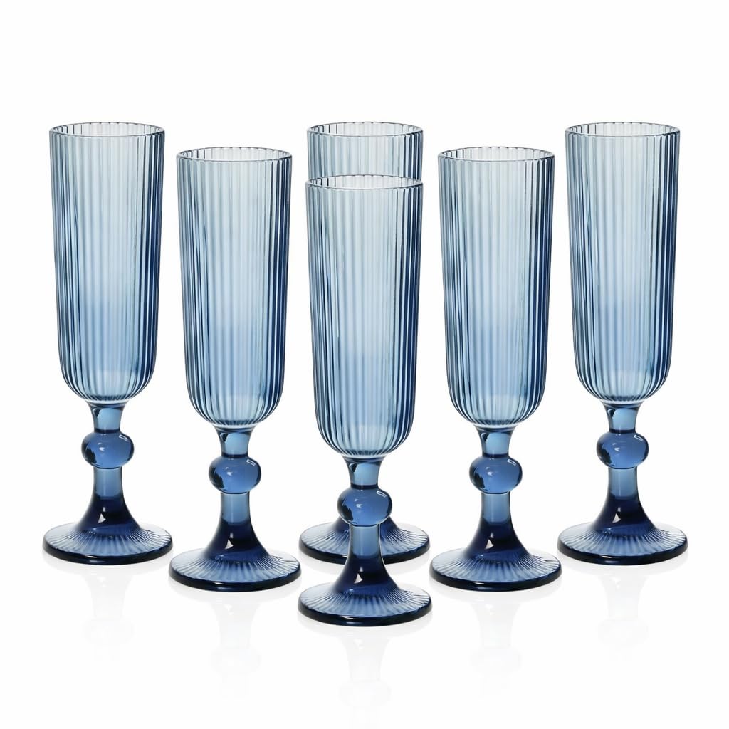 Set 6 Calici Flute in Vetro Rigato 155 ml – Calici Champagne e Aperitivo Eleganti, Design a Righe, Vetro Colorato, Lavabili in Lavastoviglie (Blu)