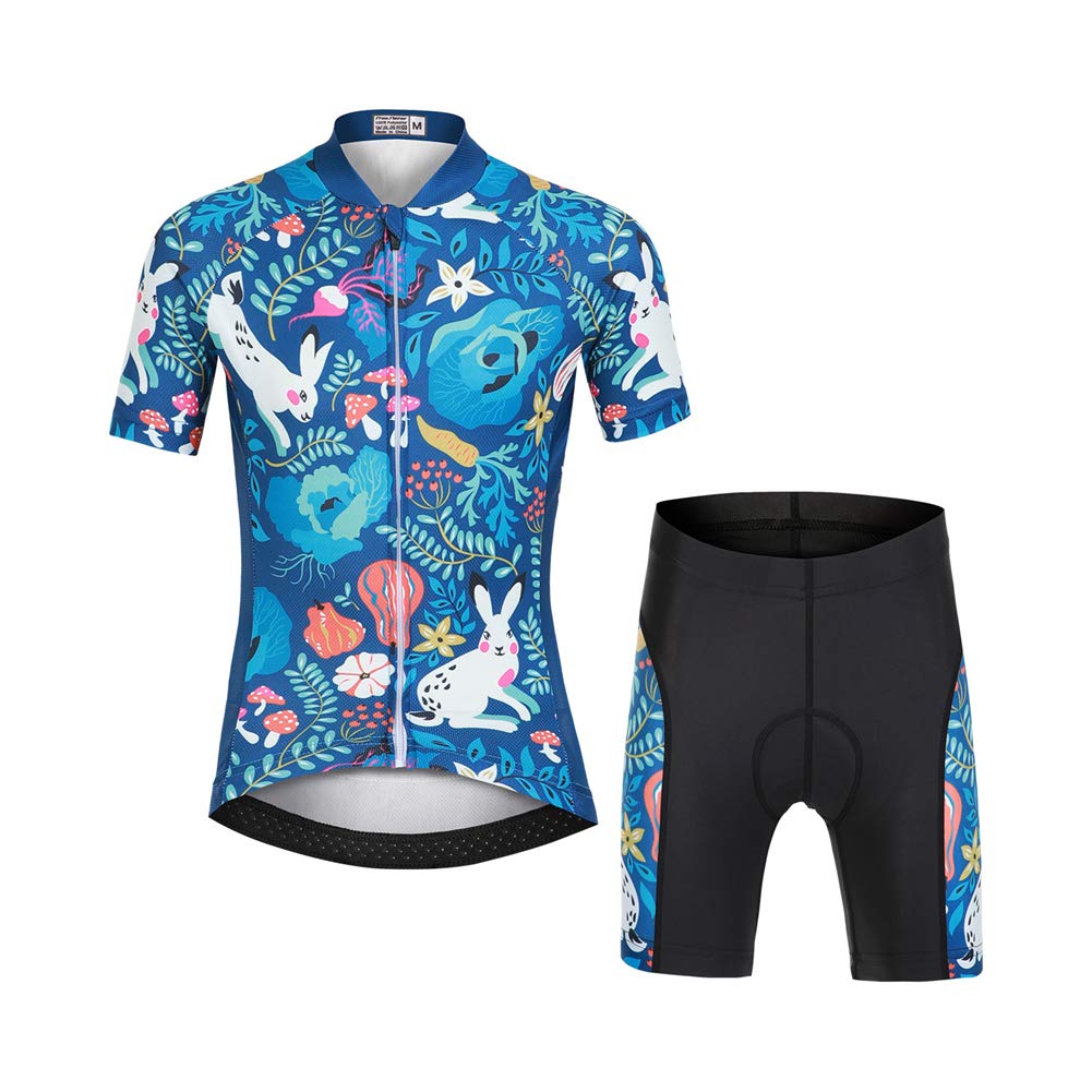 Kinder Jungen Radtrikot Set, Mädchen Radbekleidung Anzüge, Quick Dry Radsportanzug, Fahrradtrikot Kurzarm und 3D Sitzpolster Radhose, Kaninchen Wald, 122/128(Herstellergröße: L)