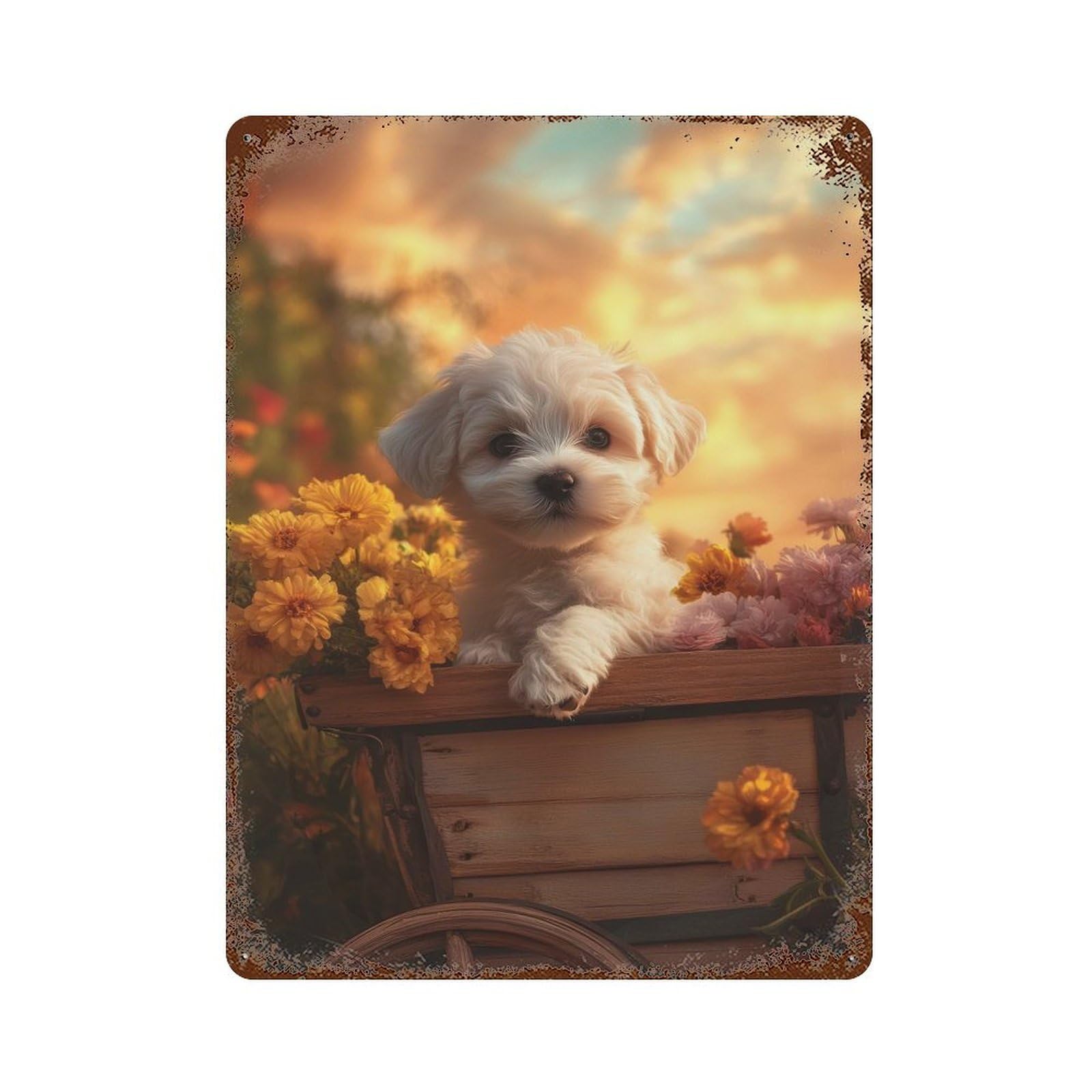 Puppy in A Wagon Rustic Tin Plaque 15.7"x11.8", Ideal for Cafe, Home Bar And Lounge Decor