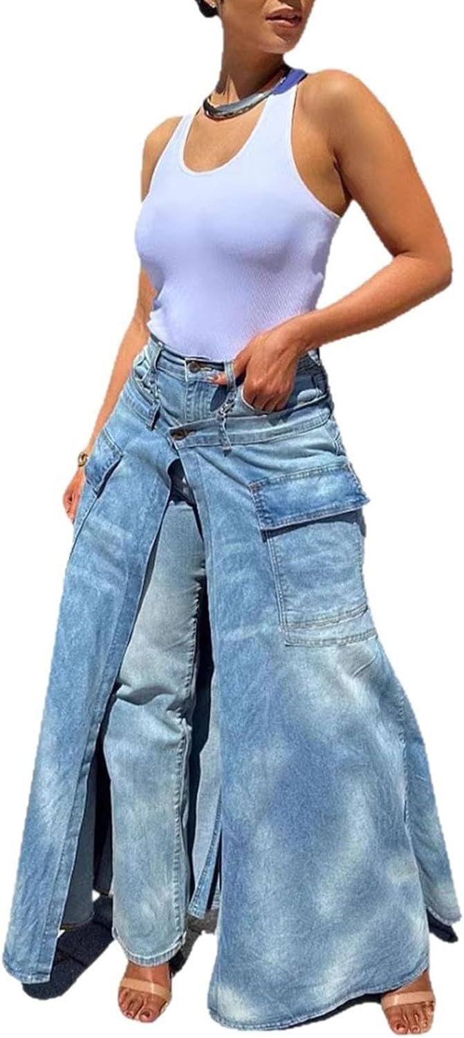 Women's Wide Leg Jeans Y2k Streetwear Wrap Denim Pants High Waisted Asymmetrical Split Stacked Jeans