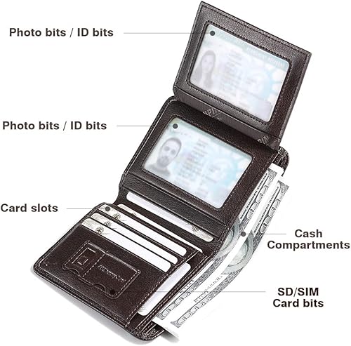 Miniatura 4 de CHANPINCL Cartera de cuero triple para hombre con bloqueo RFID con 2 ventanas de identificación, 2 compartimentos para efectivo, 6-8 ranuras para