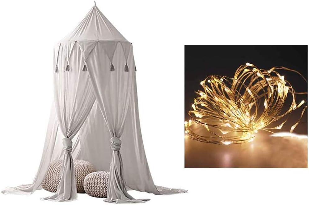 Bed Canopy with Lights,Mosquito Net Kids Round Dome Play Tent,Curtain Bedding Round Tent for Bedroom Decoration with 10M Lights (Gray)