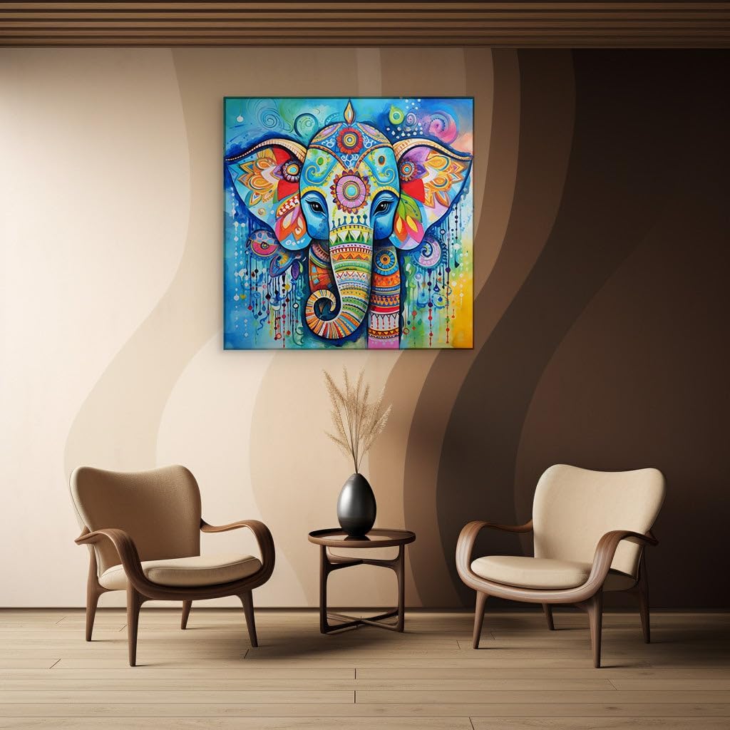 Canvas for Living room. A Tapestry of Color: The Vibrant Elephant Mosaic Against a Serene Blue Canvas, 27 x 18 inch Canvas Wall Art - Ready to Hang - 69x46 cm (27x18 inch)
