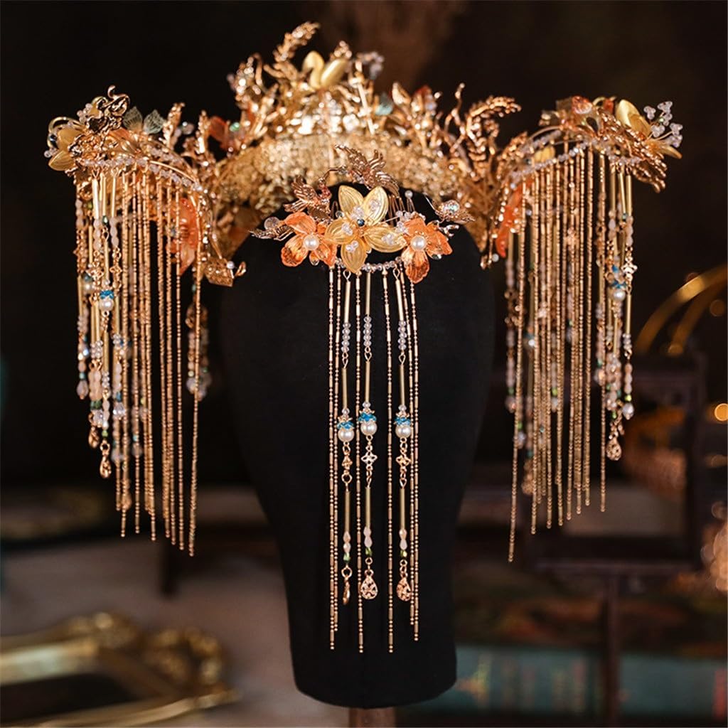 Xiuhe Tiara Bride Chinese Retro Golden Tassel Phoenix Crown Wedding Clothing Accessories