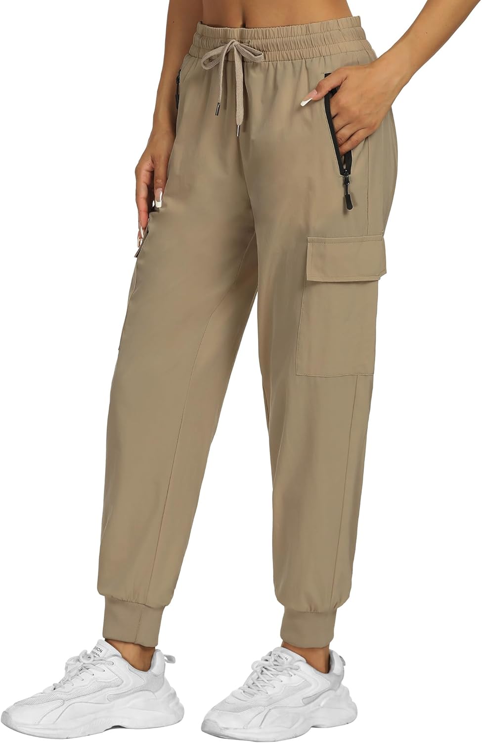 Buauty Womens Hiking Pants Pocketed Cargo Joggers Lightweight Quick Dry Waterproof Pants Elastic Waist Casual Travel Leggings Khaki - Image 8